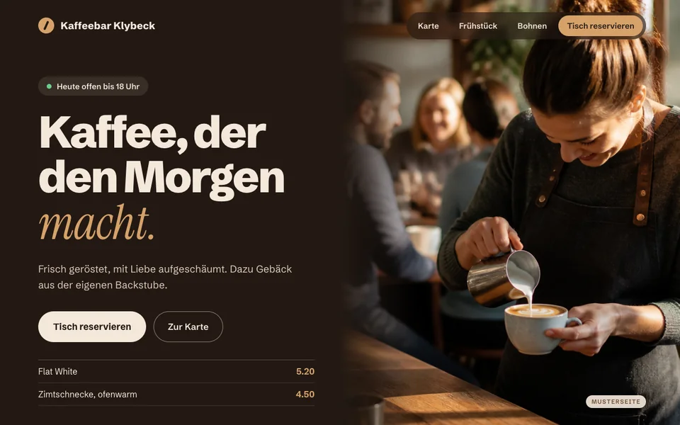 Musterseite Café: Kaffeebar Klybeck mit Barista und Tagesangebot