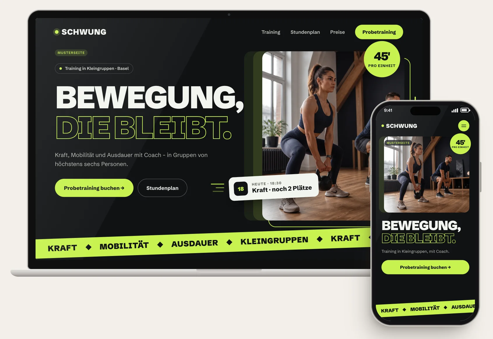 Musterseite Paket Lebendig: bewegter One-Pager für das erfundene Fitnessstudio Studio Schwung auf Laptop und Handy
