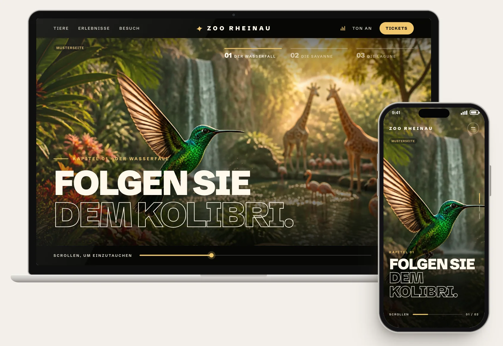 Musterseite Paket Spektakulär: Scroll-Erlebnis des erfundenen Zoos Rheinau, ein Kolibri führt durch die Szenen, auf Laptop und Handy